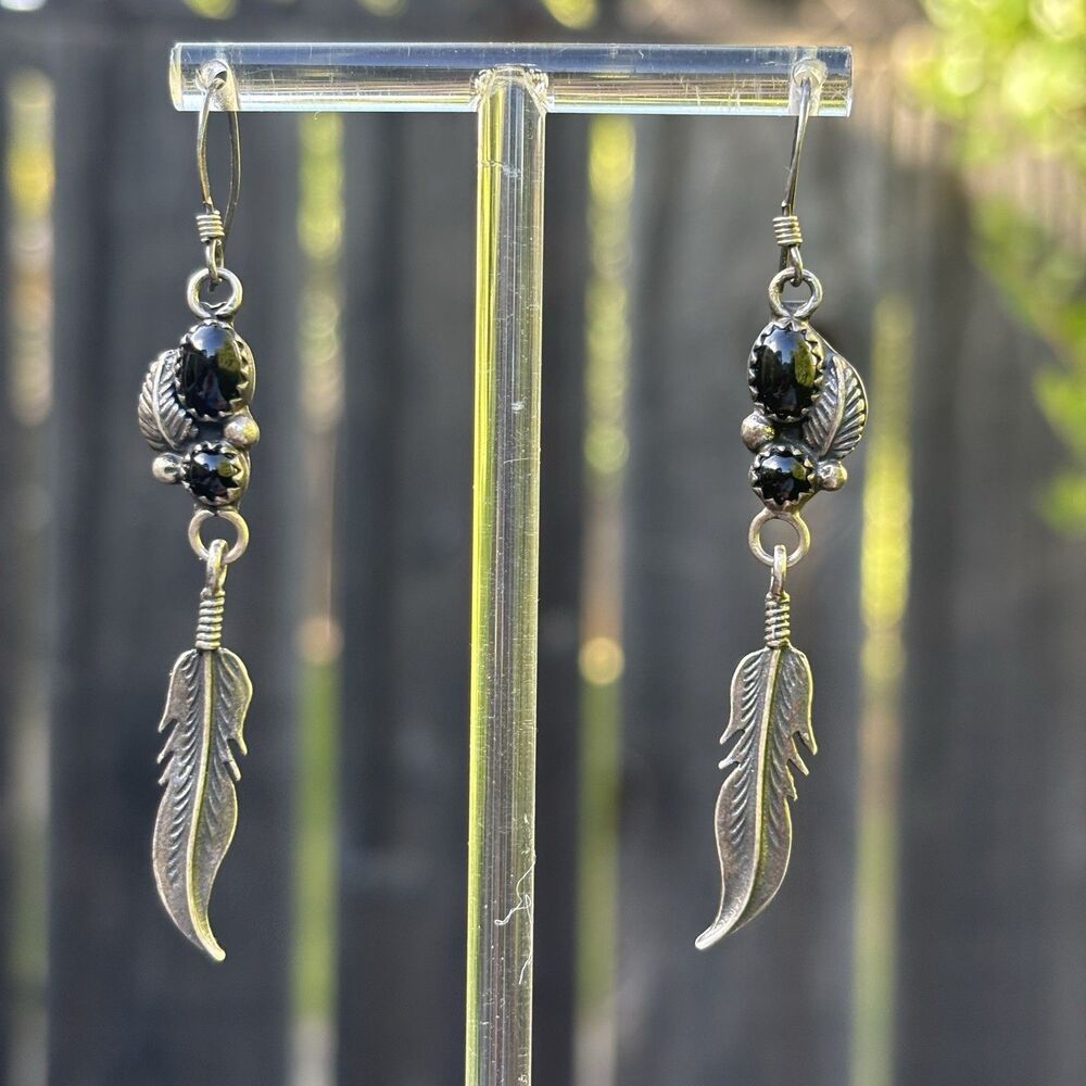 Vintage BR Sterling Silver Black Onyx Feather Dangle Earrings Boho Southwest - Picture 2 of 7